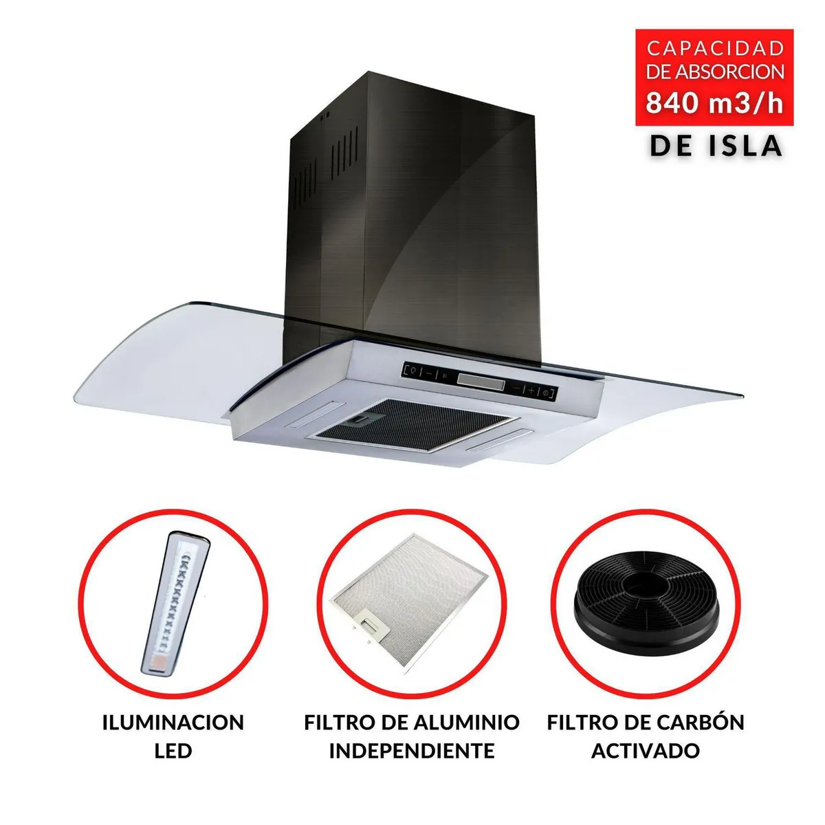 KLIMATIC - Campana Extractora Klimatic 90cm Decorativa Isla Isola Black Plus Negro