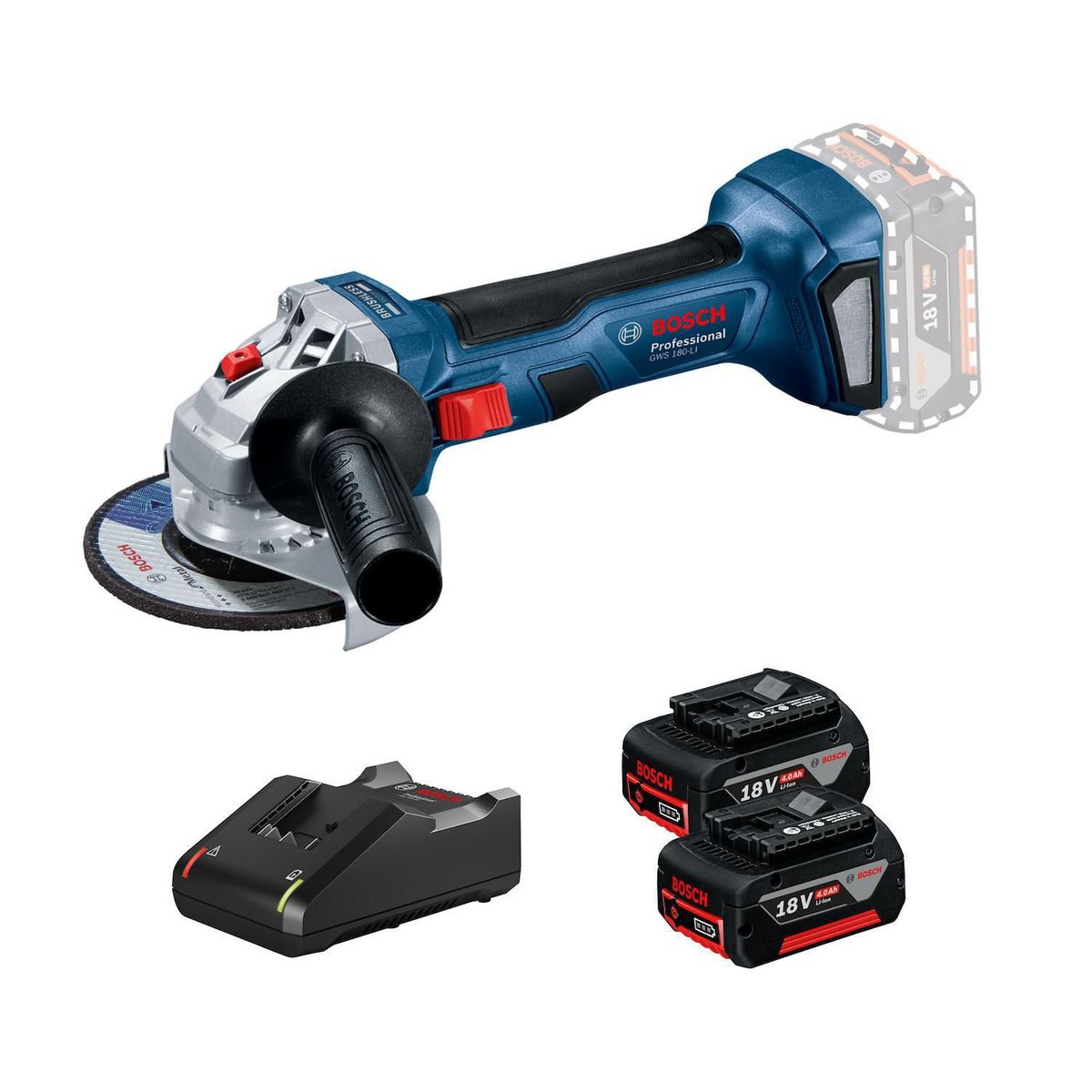BOSCH - Amoladora inalámbrica Bosch 18V GWS 180-LI + 2 baterías