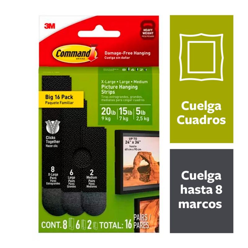 COMMAND - Tiras Command 3M para colgar cuadros negro x 16 pares varios (9kg, 7kg y 2.5kg)
