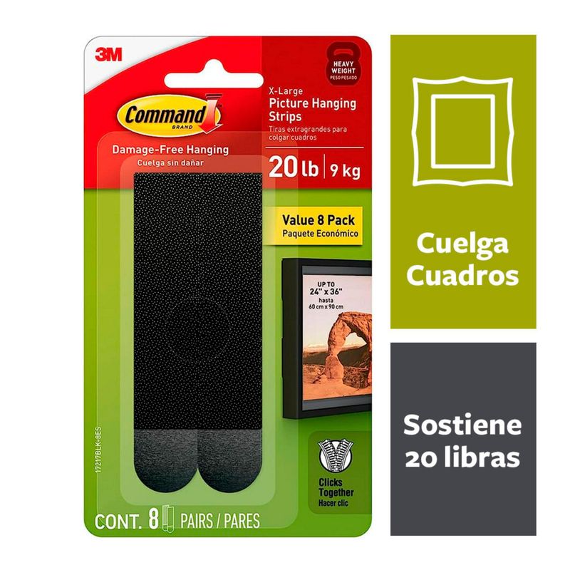 COMMAND - Tiras Command 3M para colgar cuadros negro x 8 pares XL (9kg)