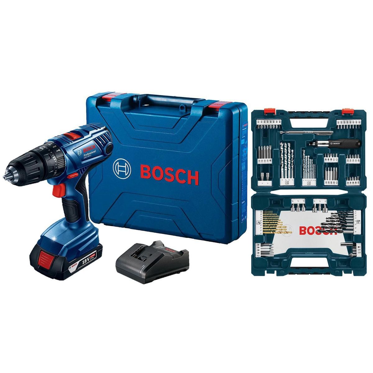 BOSCH - Taladro Percutor Inalámbrico Bosch GSB 180 18V + Set De 91 Piezas