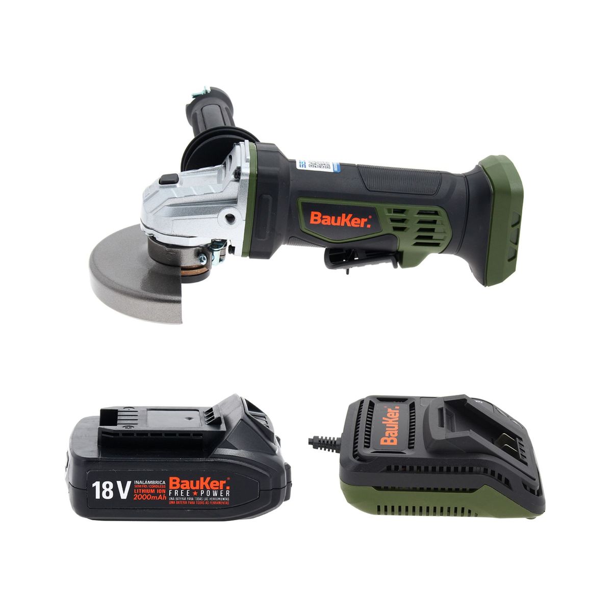 BAUKER - Esmeril Angular Free Power Inalámbrico Bauker 4 1/2" 18V + Bat 2Ah