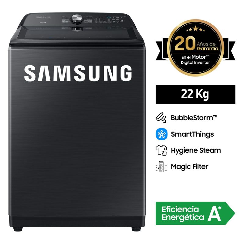 SAMSUNG - Lavadora Samsung 22 kg Negro Carga Superior WA22A8377GV/PE