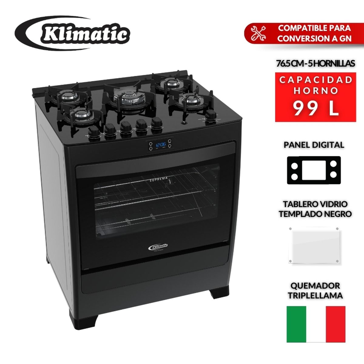 KLIMATIC - Cocina Klimatic a Gas 5 Hornillas Suprema Negro