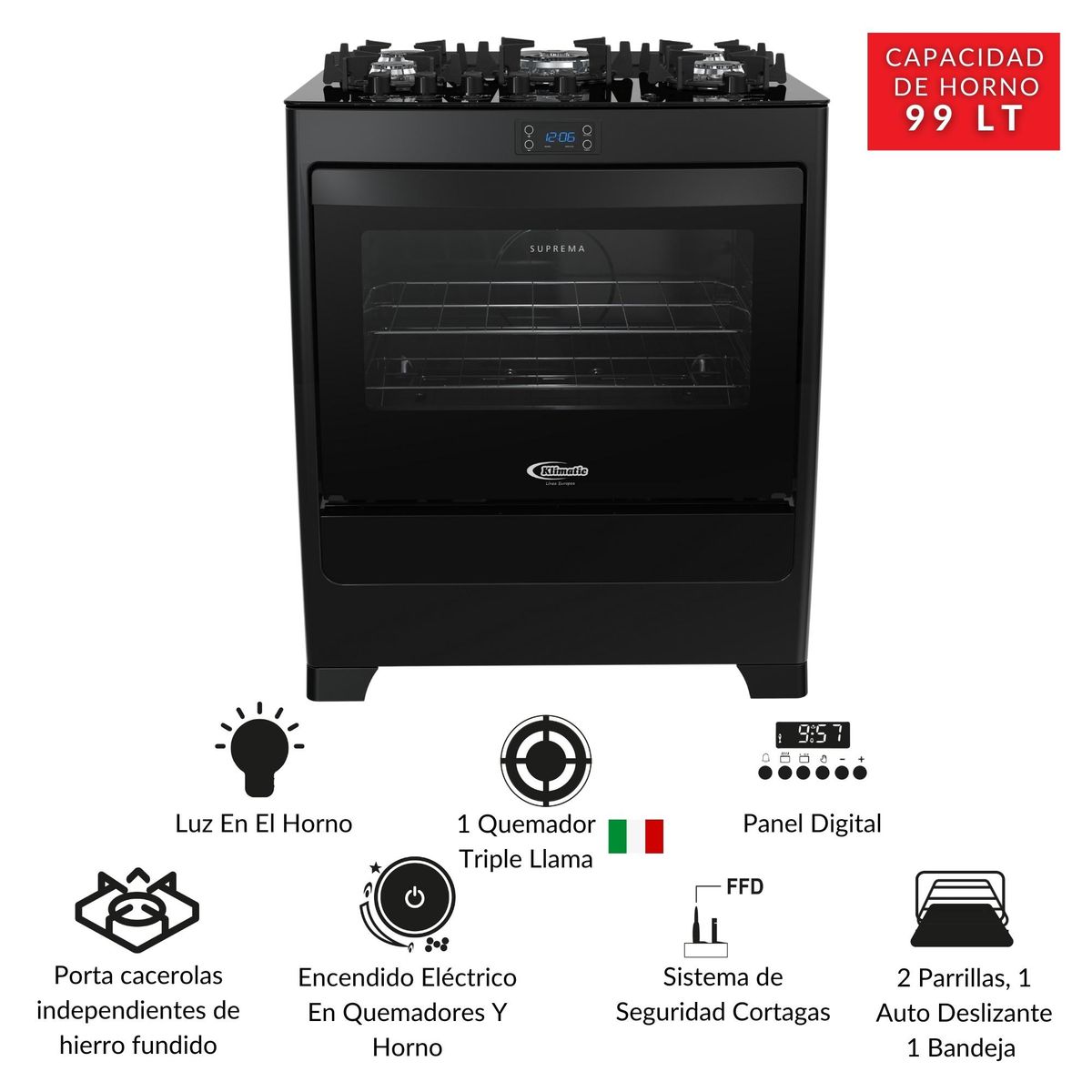 KLIMATIC - Cocina Klimatic a Gas 5 Hornillas Suprema Negro