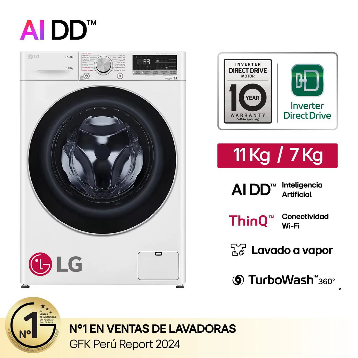 LG - Lavaseca WD11WVC3S6 11/7 Kg AI DD Carga Frontal Blanco LG 