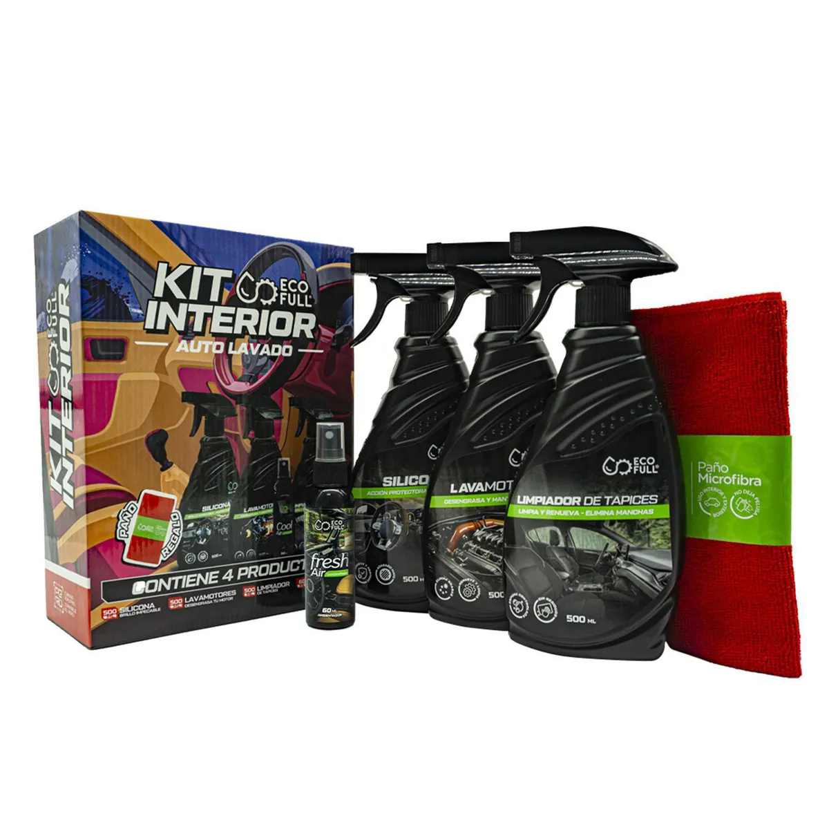 ECO-FULL - Kit de Limpieza para Auto Eco-Full Silicona 500 ml + Limpiador de Tapices 500 ml + Lavamotores 500 ml + Cool Air 60 ml + Paño de Microfibra