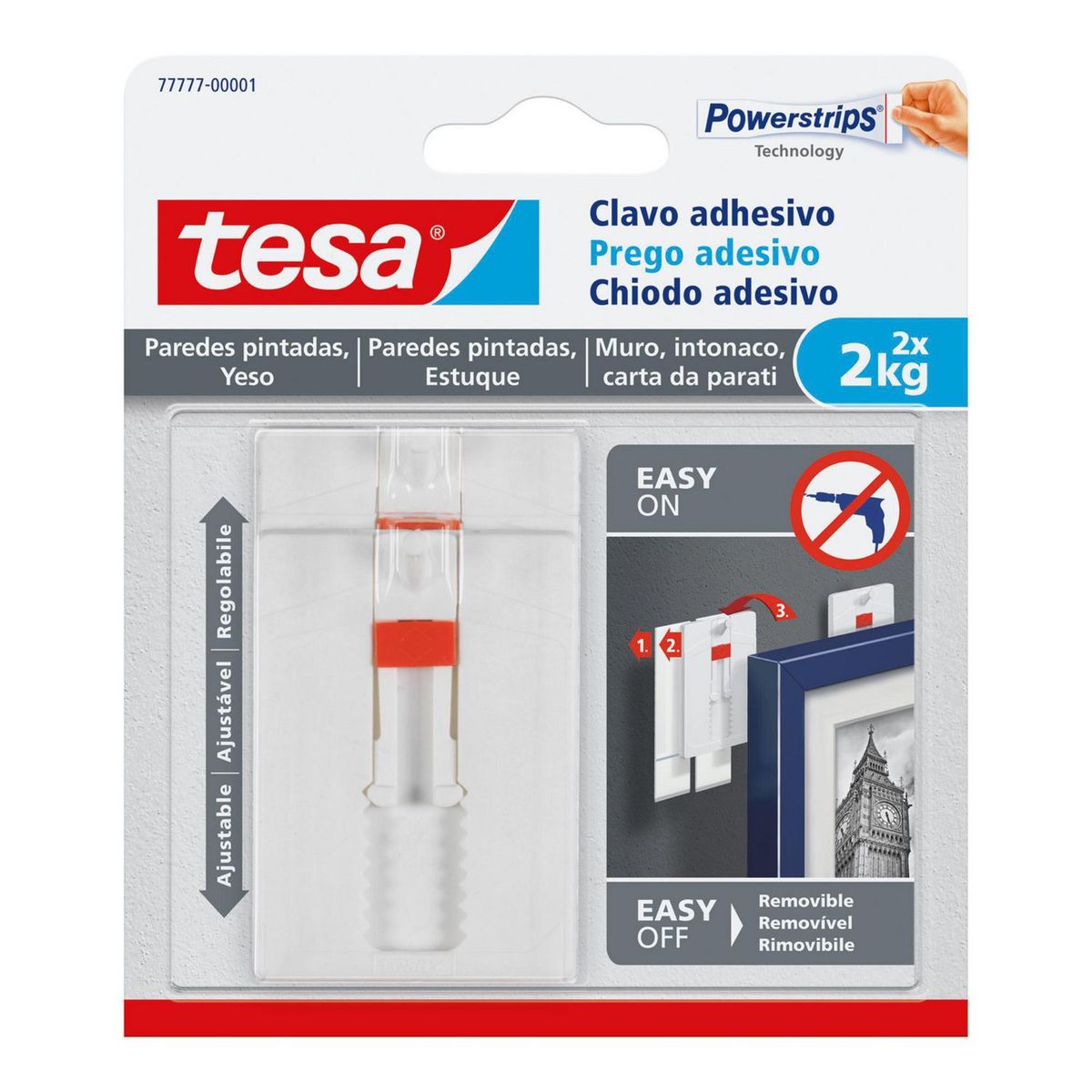 TESA - Clavo Adhesivo Ajustable Pared Pintada 2 kg. x 2 unid.