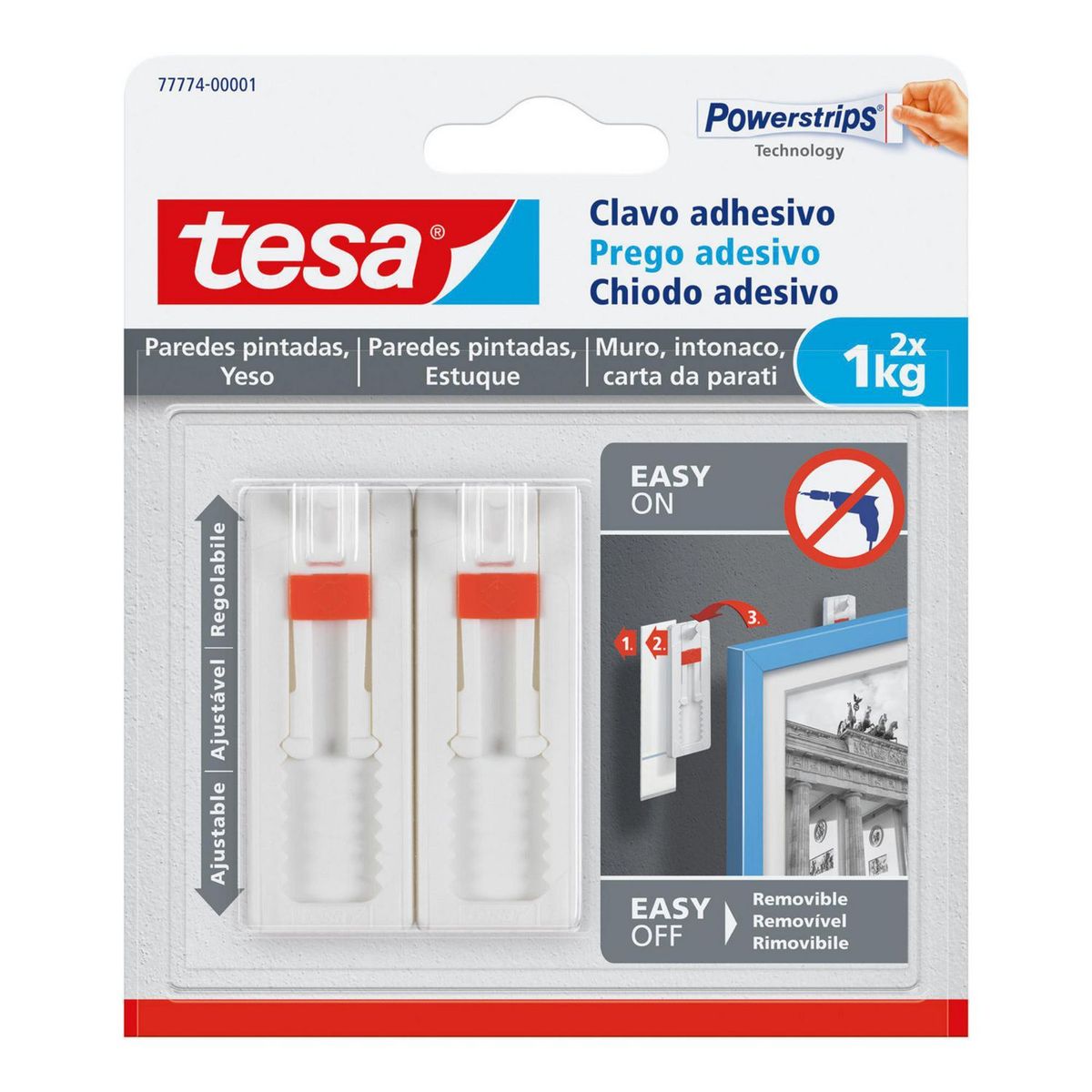 TESA - Clavo Adhesivo Ajustable Pared Pintada 1 kg. x 2 unid.