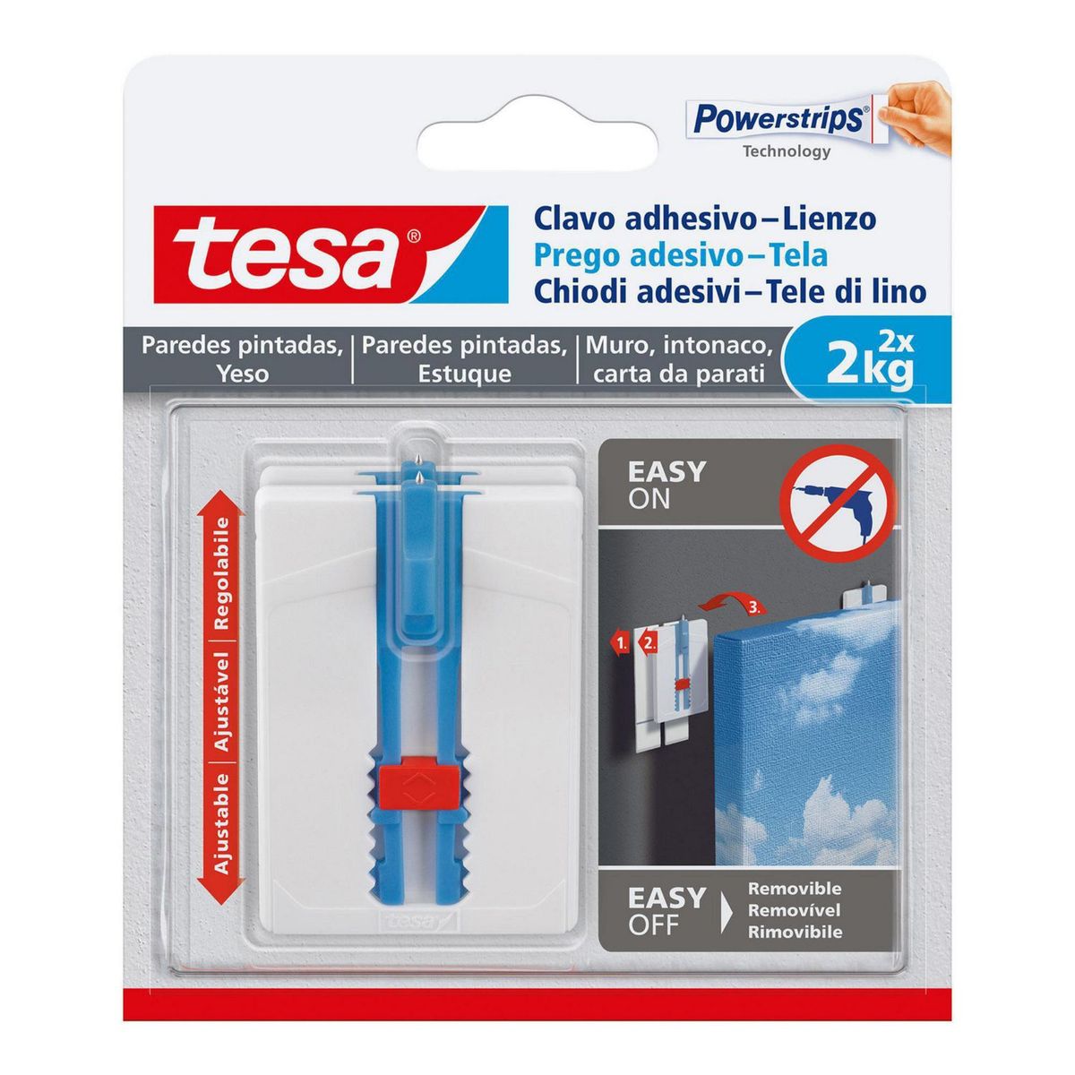 TESA - Clavo Adhesivo Ajustable Pared Pintada Lienzo 2 kg. x 2 unid.