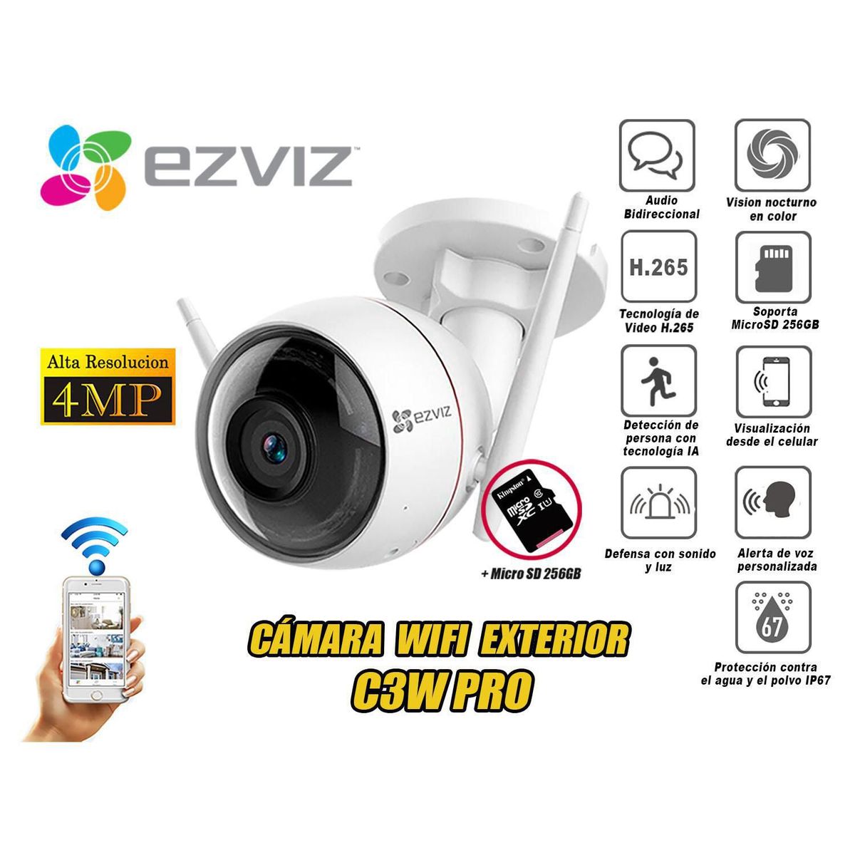 EZVIZ - Cámara Seguridad Audio Ezviz Wifi Exterior C3W Pro 4Mp Micro sd 256Gb