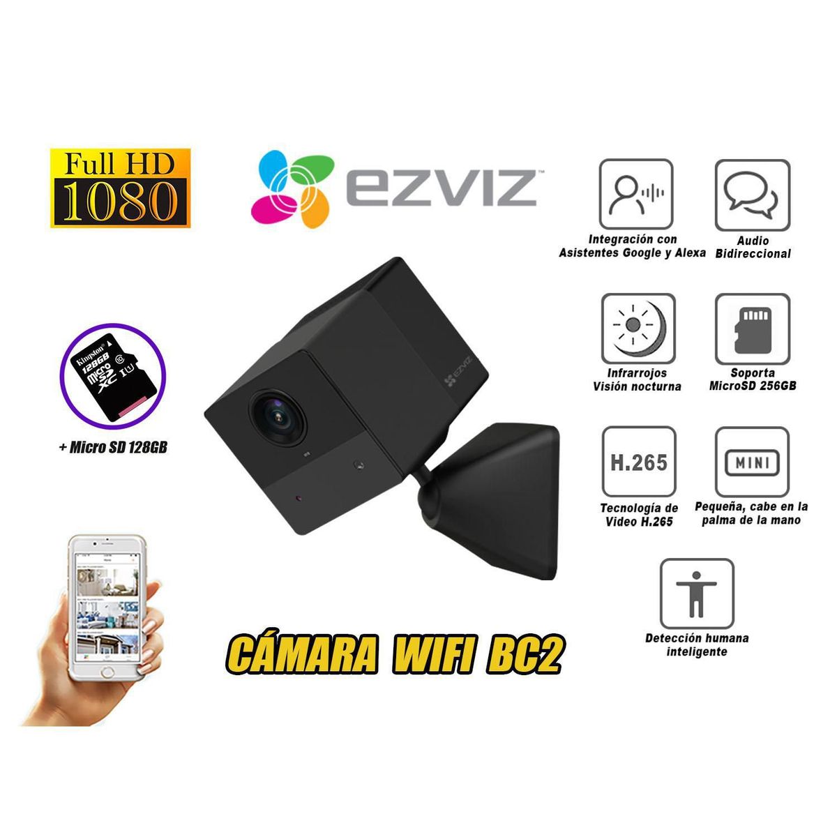 EZVIZ - Cámara Seguridad Inteligente Wifi Ezviz Bc2 Bateria Inalambrico Sd 128Gb Full Hd