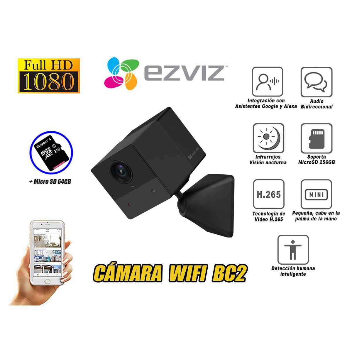 EZVIZ - Cámara Seguridad Inteligente Wifi Ezviz Bc2 Bateria Inalambrico Sd 64Gb Full Hd