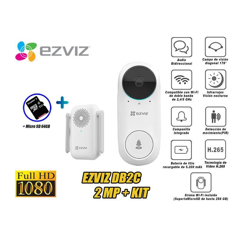 EZVIZ - Ezviz Kit Timbre Video Bateria DB2 Inalámbrico Wifi Full HD + Sd 64Gb