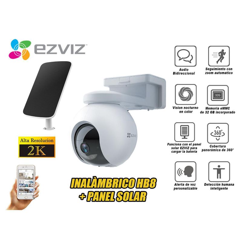 EZVIZ - Cámara Seguridad Ezviz Wifi Inalambrico Hb8 Pro 2K Batería + Panel Solar Sd 32Gb