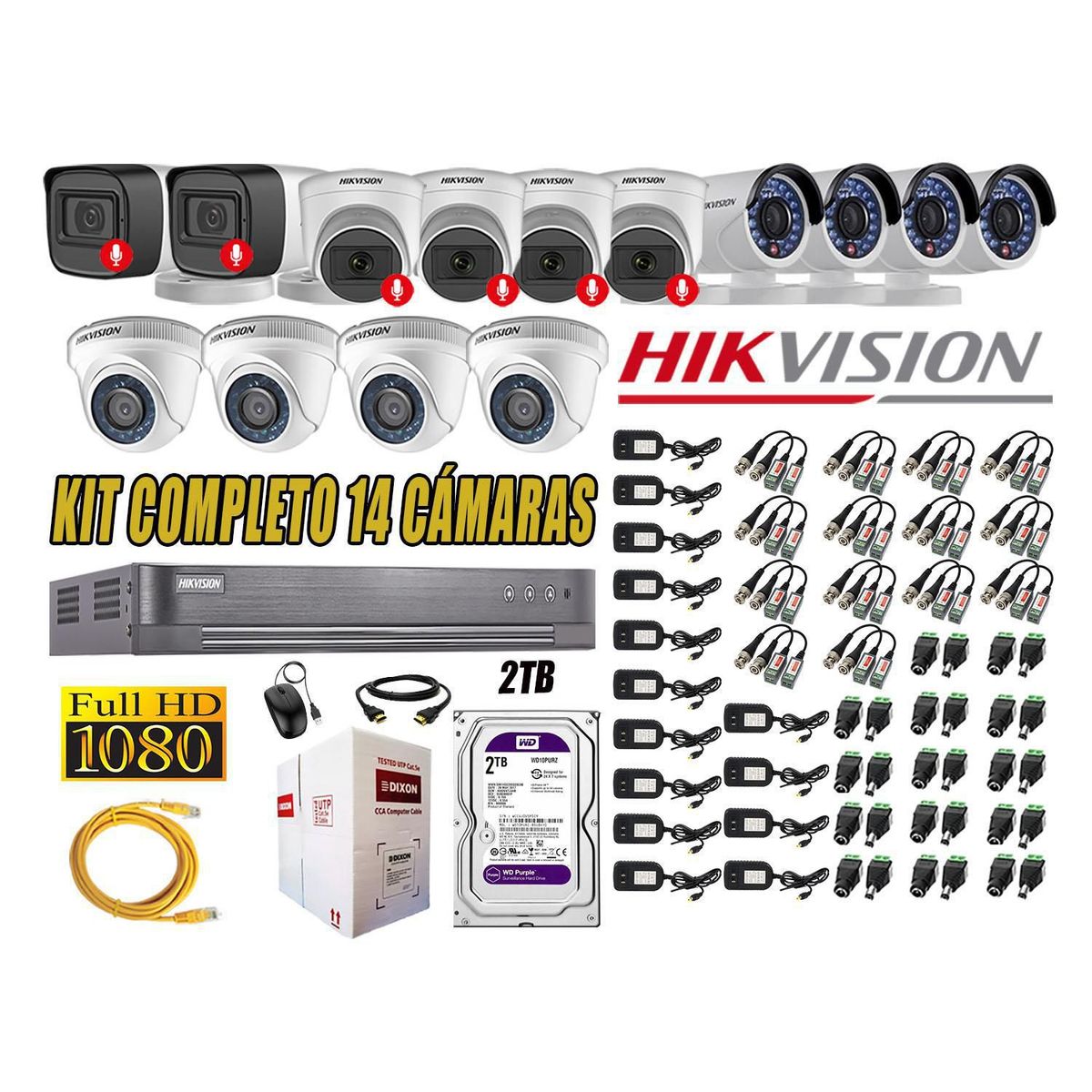 HIKVISION - Kit 14 Cámaras Seguridad Full Hd Hikvision 6 Camara Audio Incorporado Lite