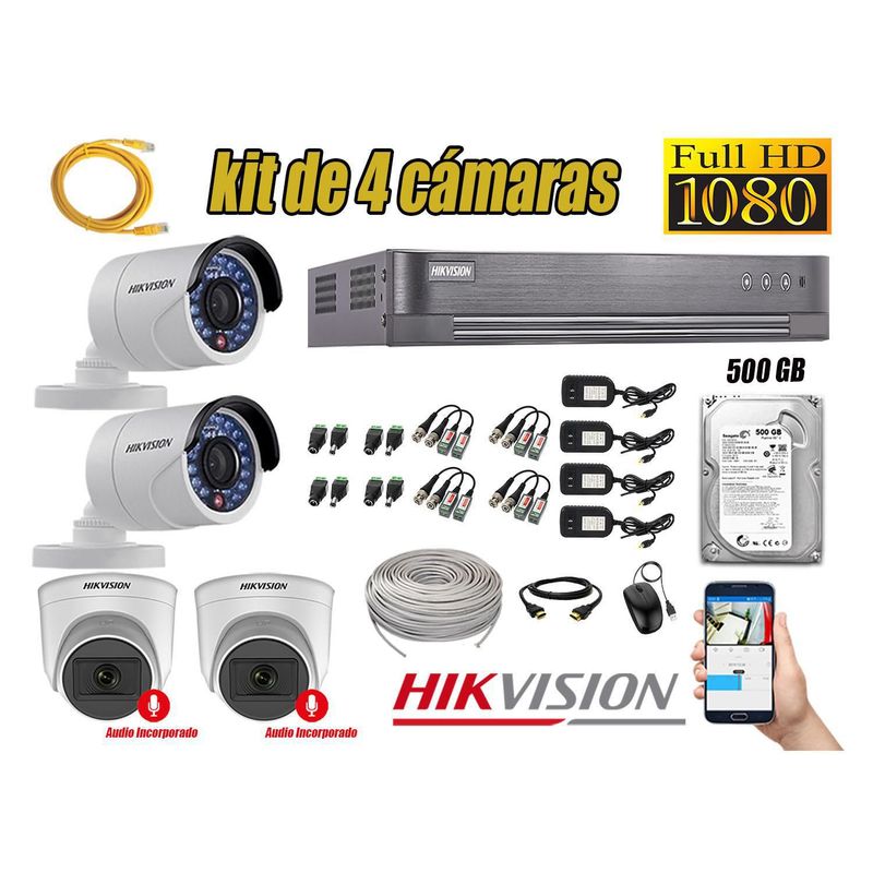 HIKVISION - Kit 4 Cámaras Seguridad Full Hd Hikvision 02 Camara Audio Incorporado Lite