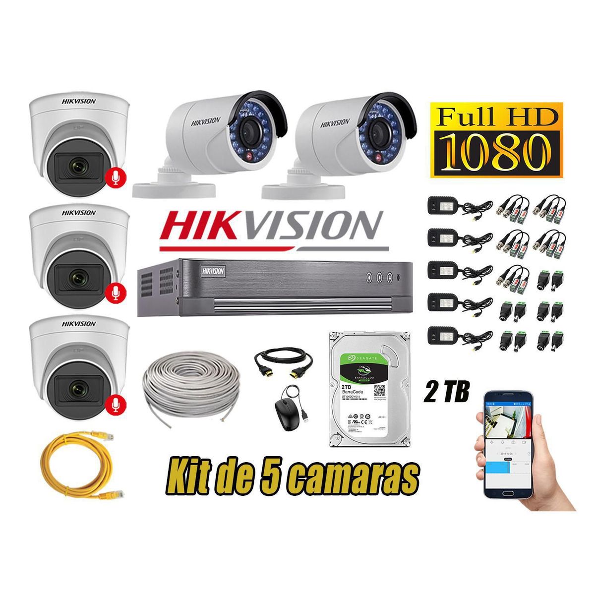 HIKVISION - Kit 5 Cámaras Seguridad Full Hd Hikvision 03 Camara Audio Incorporado Lite