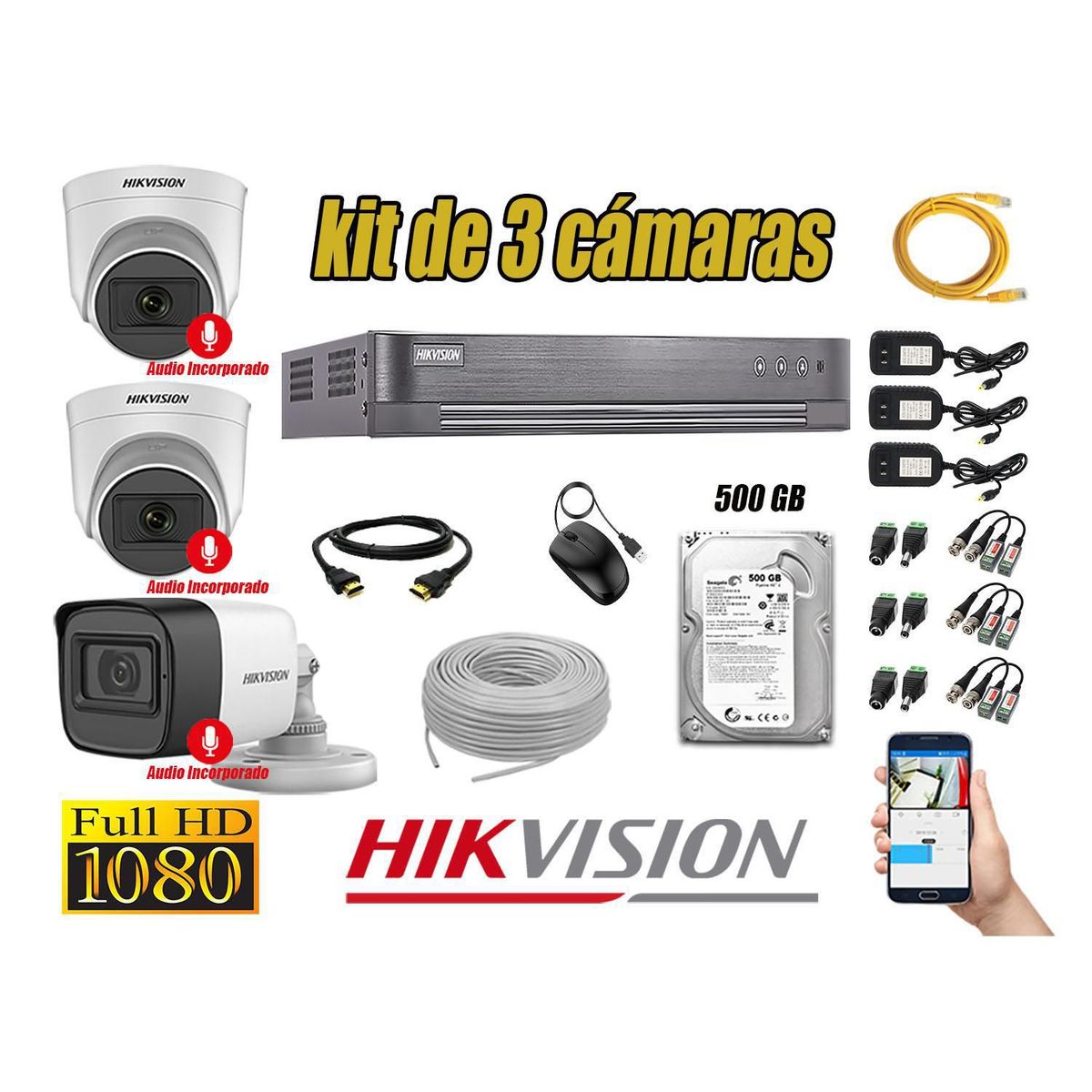 HIKVISION - Kit 3 Cámaras Seguridad Full Hd Hikvision 3 Camara Audio Incorporado Lite