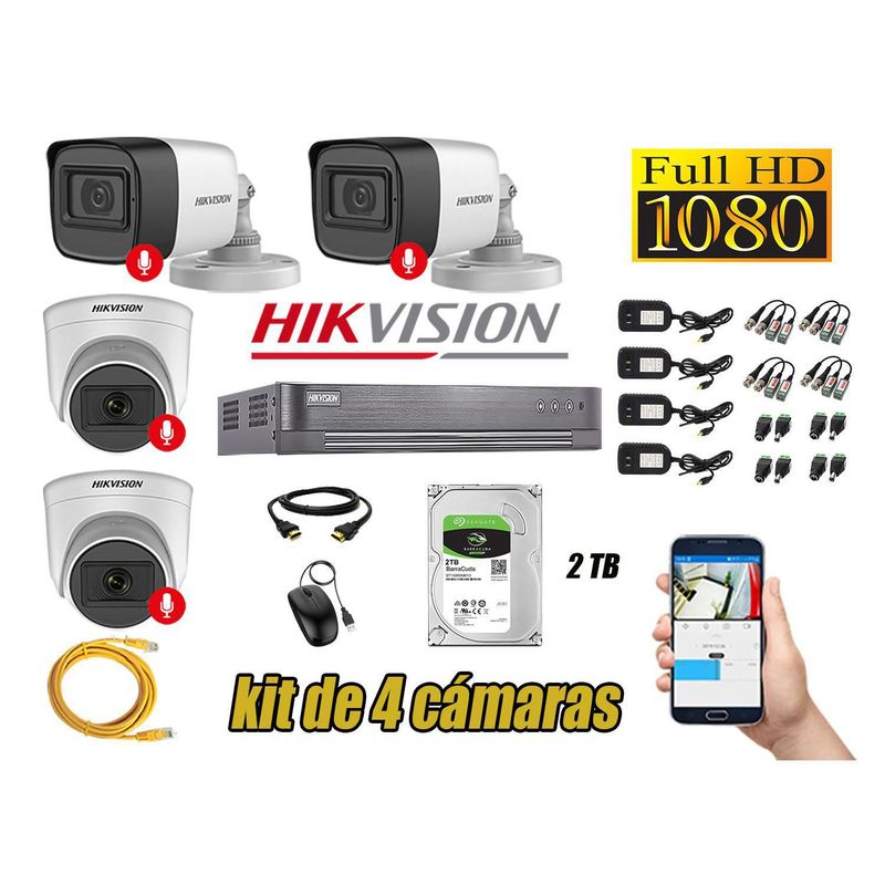 HIKVISION - Kit 4 Cámaras Seguridad Audio Incorporado Full Hd 1080P Hikvision Lite