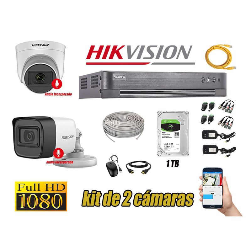HIKVISION - Kit 2 Cámaras Seguridad Full HD Hikvision 2 Cámaras Audio Incorporado Lite