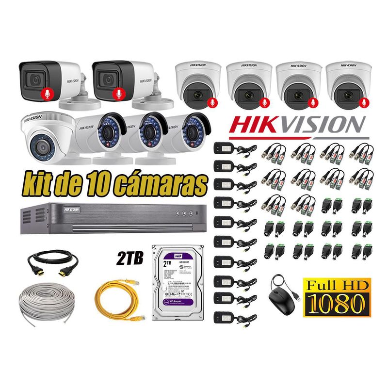 HIKVISION - Kit 10 Cámaras Seguridad Full HD Hikvision 6 Cámaras Audio Incorporado Lite