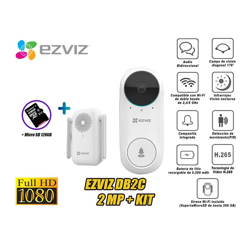 EZVIZ - Ezviz Kit Timbre Video Bateria DB2 Inalámbrico Wifi Full HD Sd 128Gb