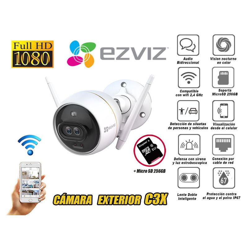 EZVIZ - Cámara Seguridad Ezviz Wifi Tubo Exterior C3X Full Hd + Micro Sd 256Gb