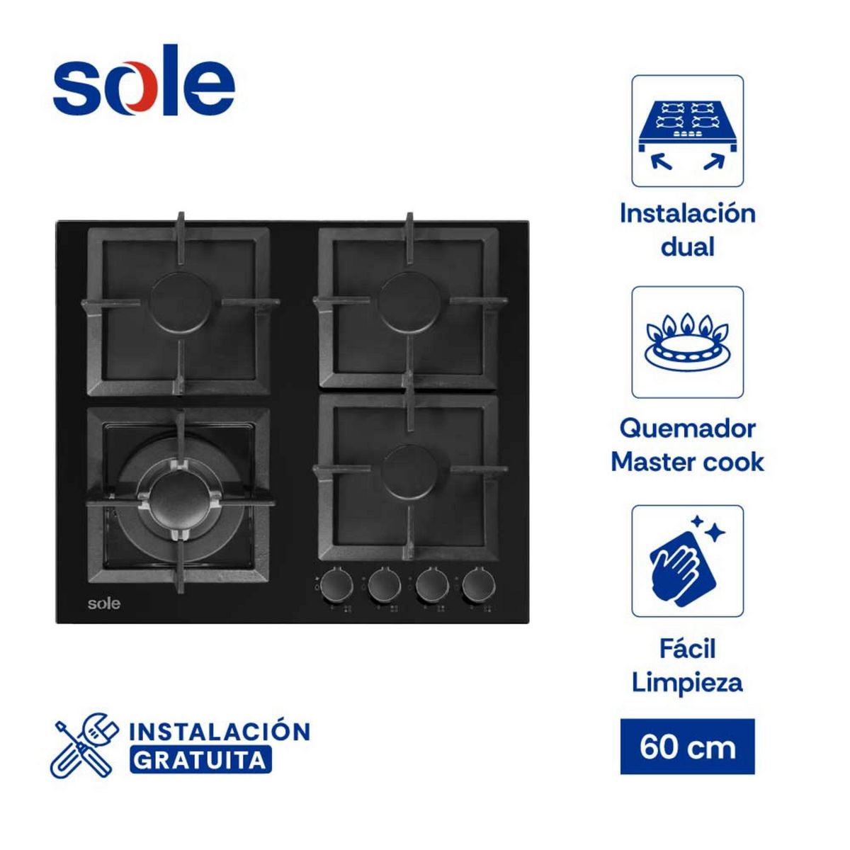 SOLE - Encimera Empotrable A Gas 4 Hornillas Sole 3120SOLCO070 Negro