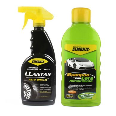Kit de Limpieza para Auto Simoniz Shampoo con Cera Autobrillante 600 ml + Llantax Alto Brillo 500 ml