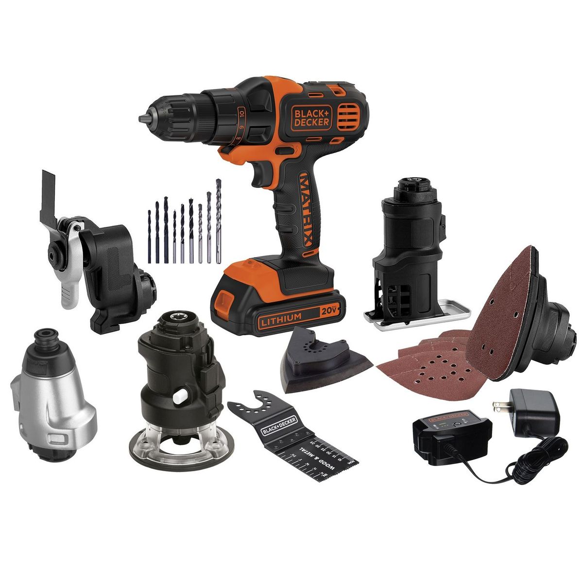 BLACK+DECKER - Taladro Atornillador Inalámbrico Black+Decker Matrix 3/8" 20V + 6 cabezales + Set 9 brocas