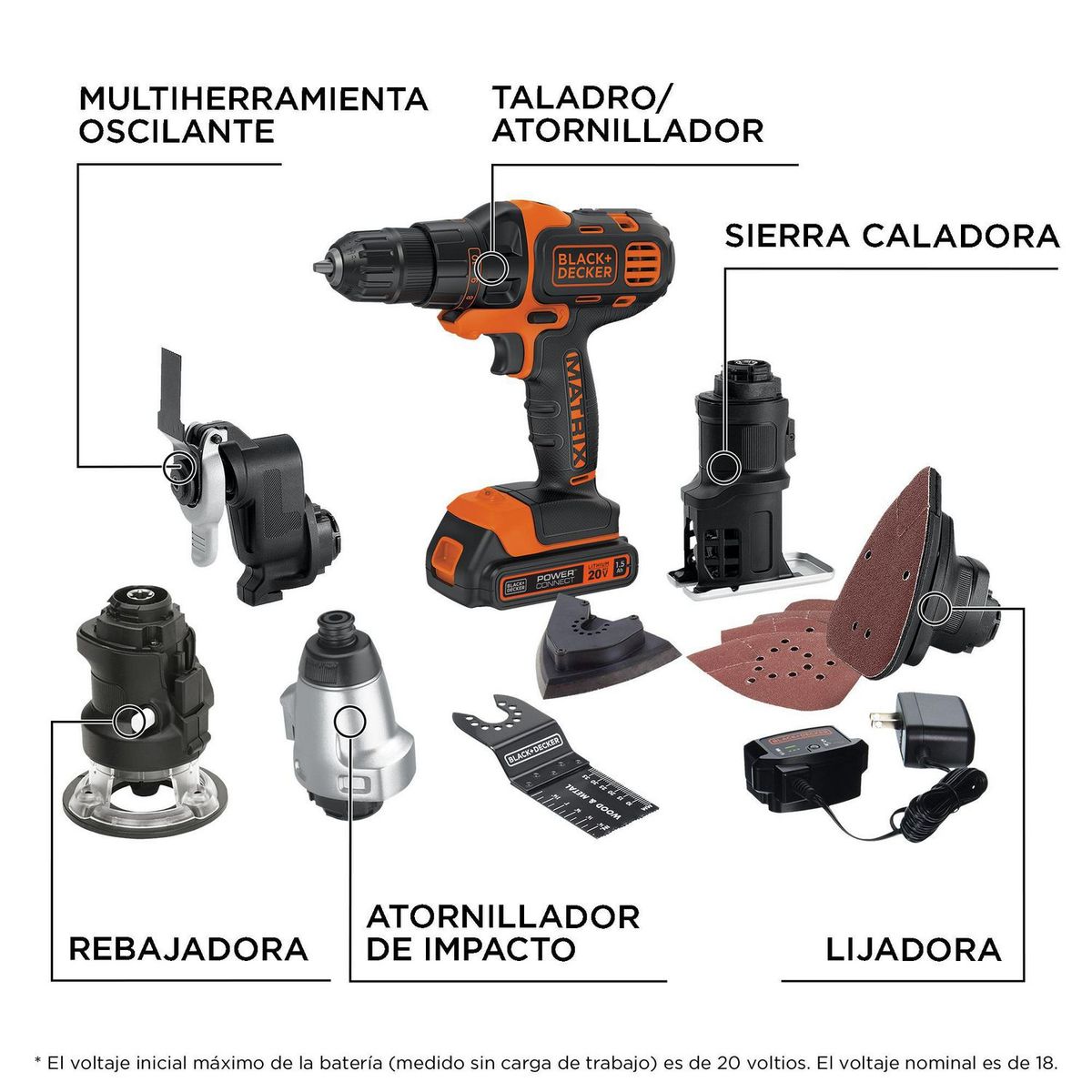 BLACK+DECKER - Taladro Atornillador Inalámbrico Black+Decker Matrix 3/8" 20V + 6 cabezales + Set 9 brocas