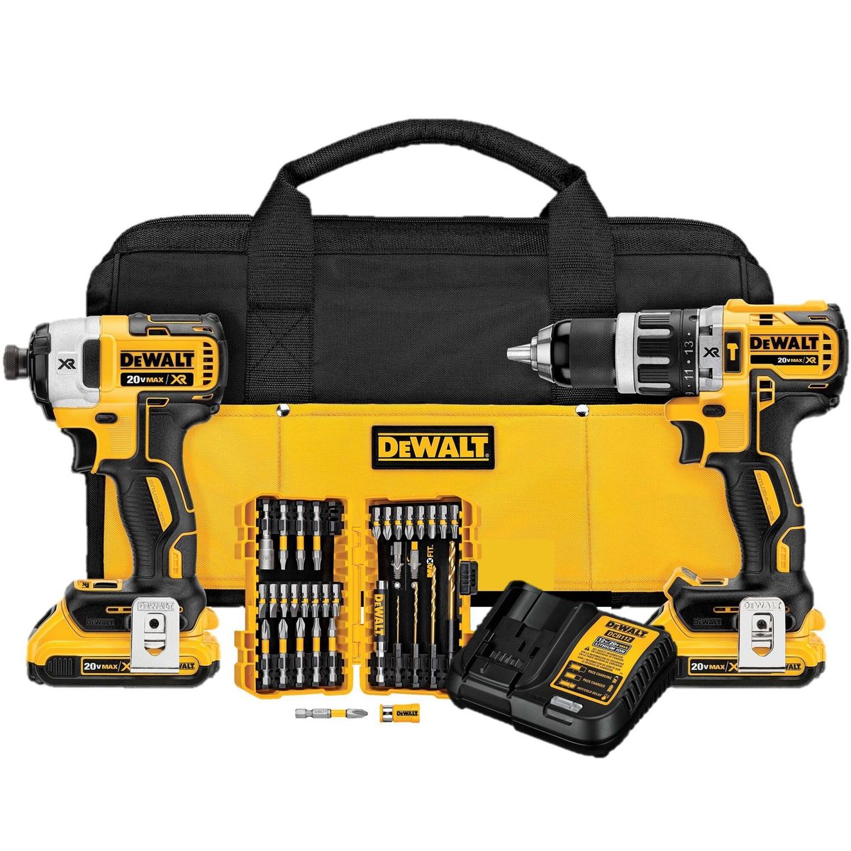 DEWALT - Taladro Percutor Inalambrico Dewalt 1/2" 20V BRUSHLESS + Atornillador de Impacto Inalambrico Dewalt 1/4" 20V BRUSHLESS + 32 Accesorios DCK287D2