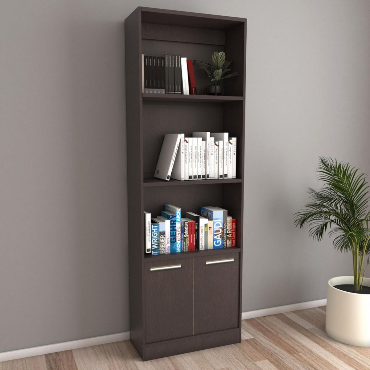 PISOPAK - Estante librero melamina 3 niveles 2 puertas Olimpo Wengue