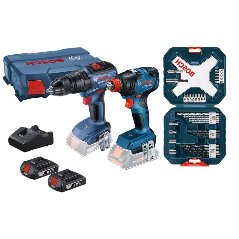 BOSCH - Combo Taladro Percutor Inalámbrico Bosch 13mm 18V  + Taladro Atornillador Bosch GDX 18V-200+ 2 Baterías + Cargador Rápido + Set Xline 34 Piezas