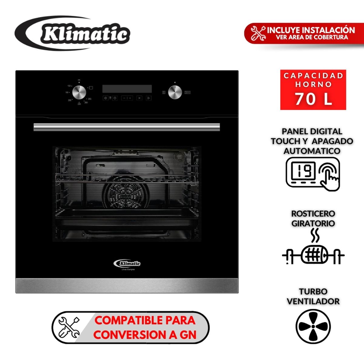 KLIMATIC - Horno Empotrable Klimatic a Gas 70 Lt Bonn Negro