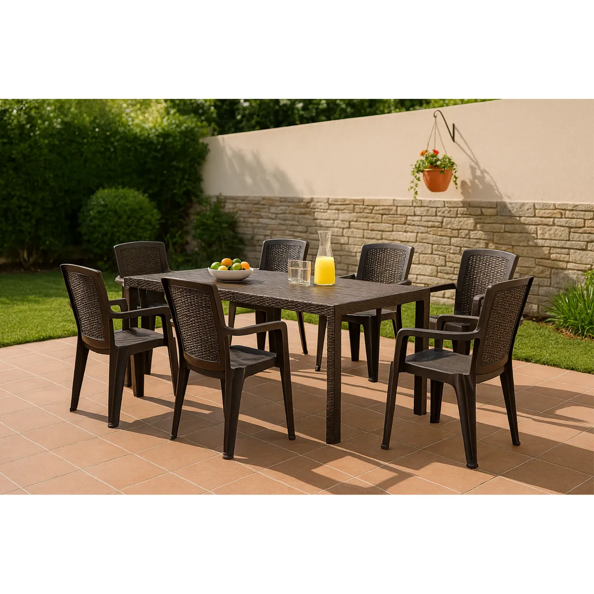 Reyplast - Mesa de Terraza Roble Rectangular Marrón Moro 150x 80CM + Silla de Plástico Tahauri Marrón con Brazos