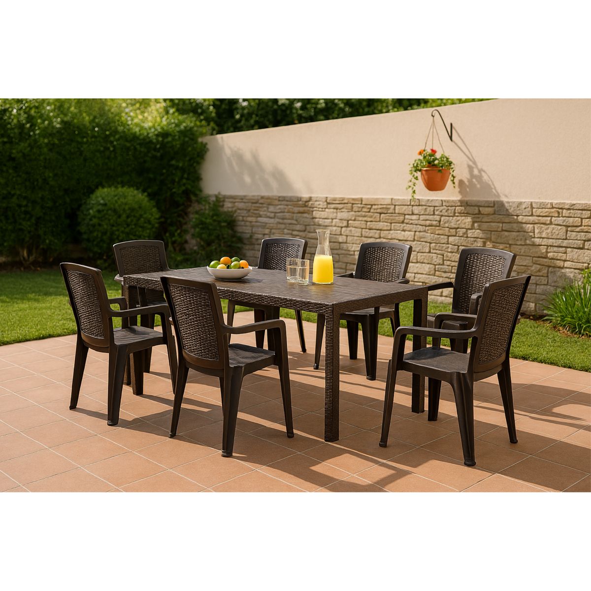 Reyplast - Mesa de Terraza Roble Rectangular Marrón Moro 150x 80CM + Silla de Plástico Tahauri Marrón con Brazos