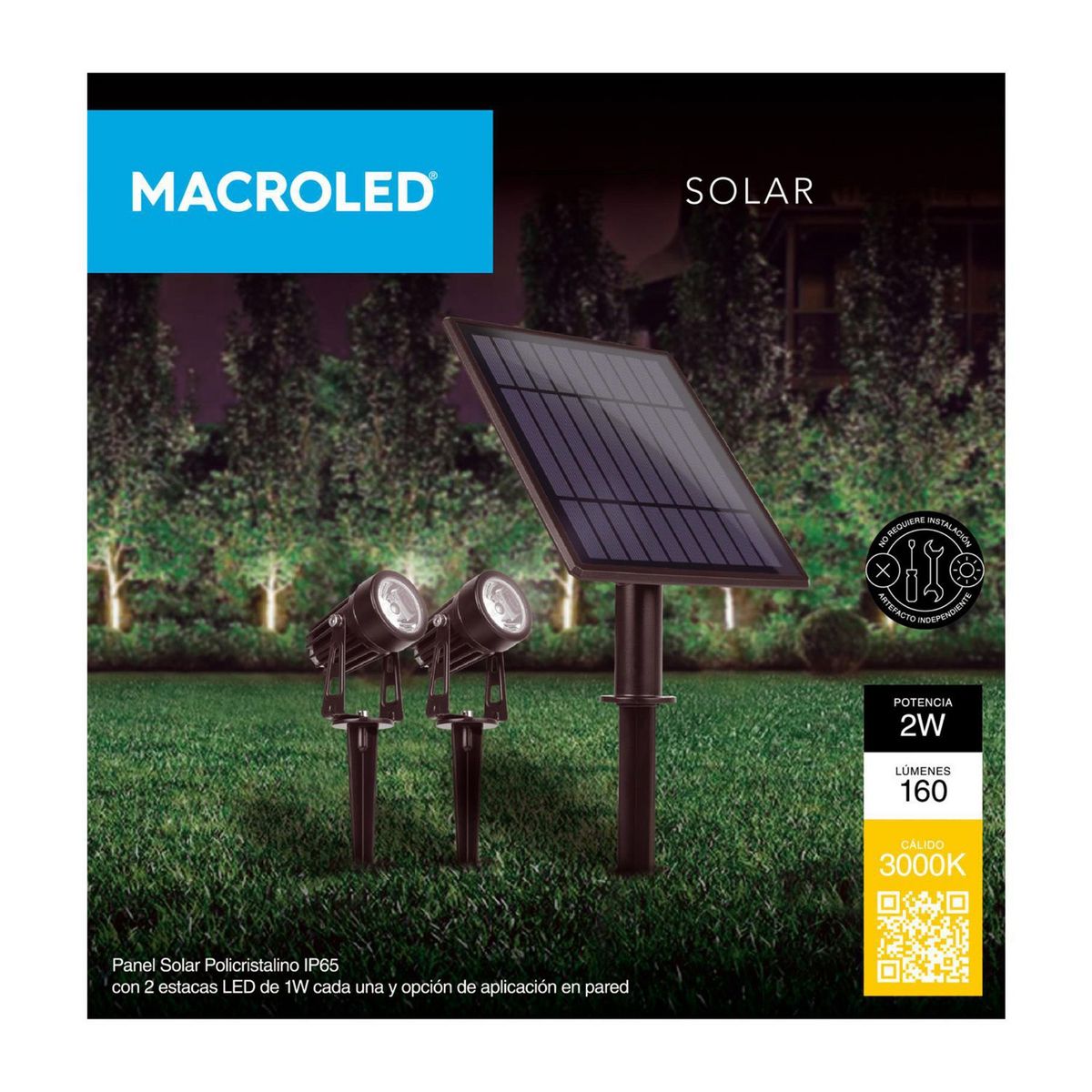  - Estaca LED Solar 1 Panel 2 Estacas 2W Blanco Cálido 3000K