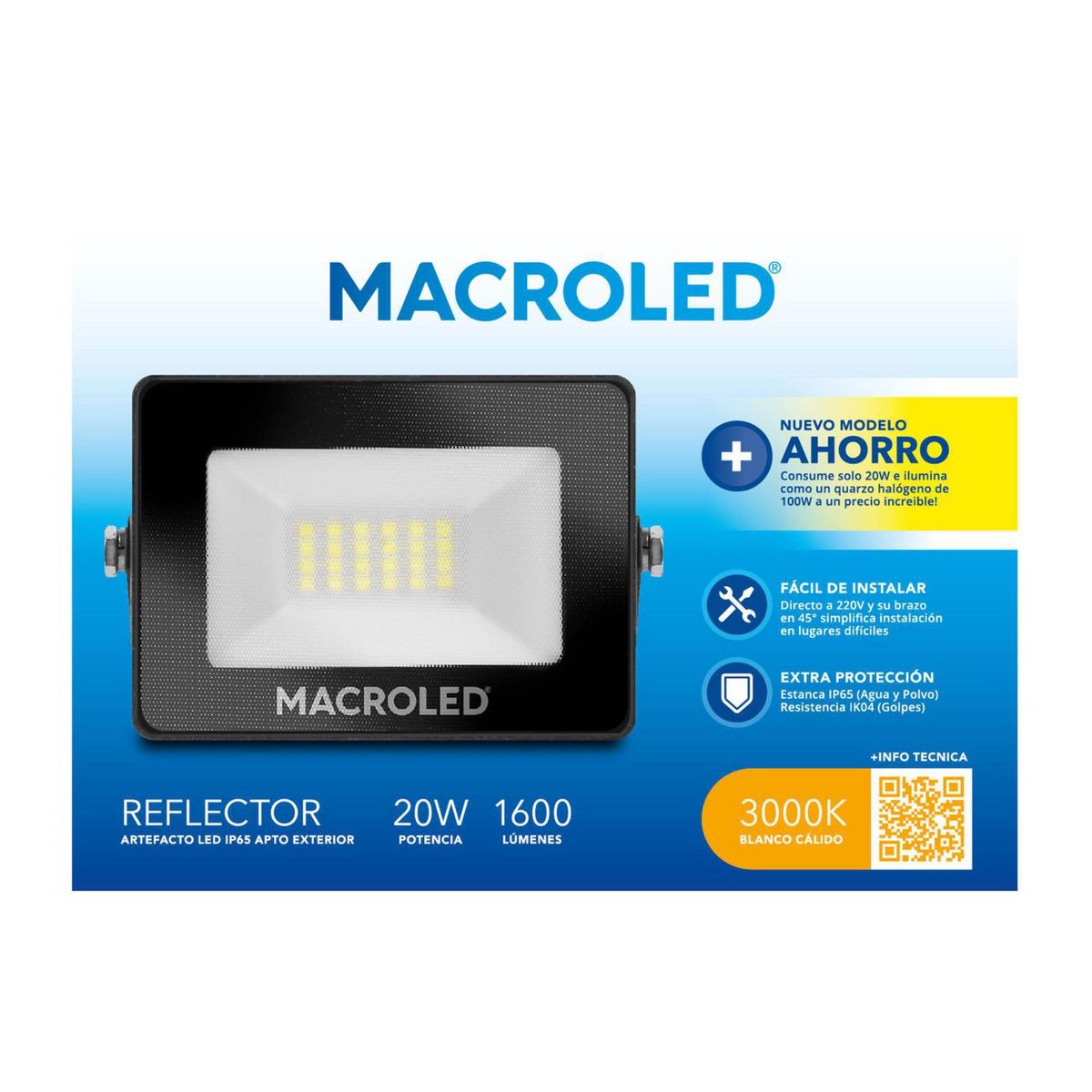  - Reflector Led 20W Ac Cálido 3000K Macroled