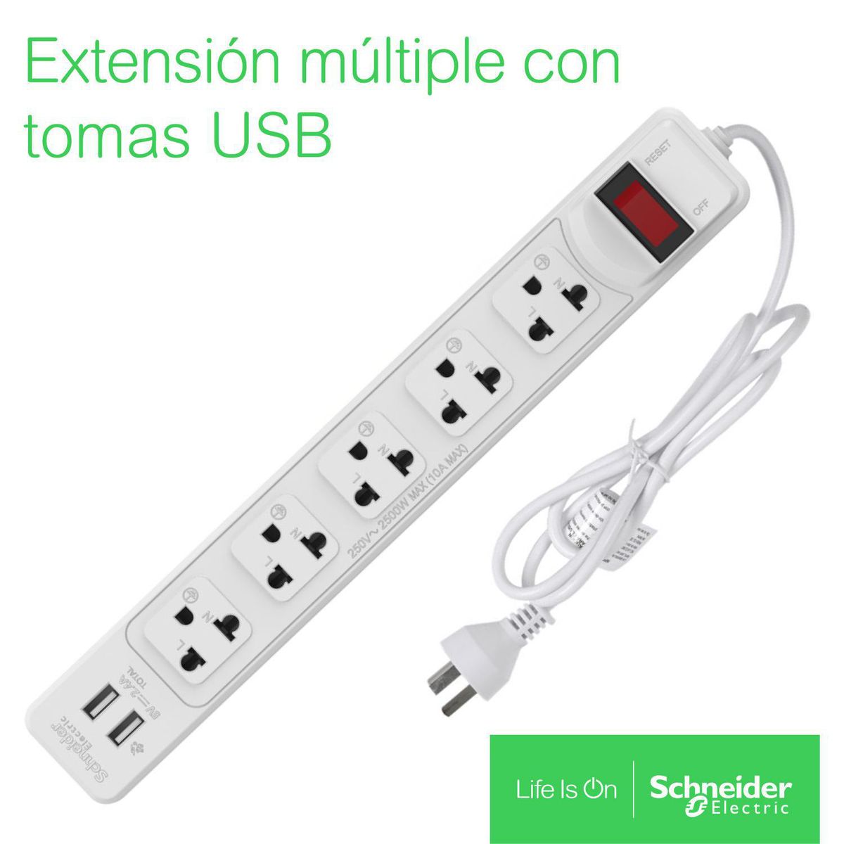 SCHNEIDER ELECTRIC - Extensión eléctrica 5 Tomas 3 Metros + 2 Puertos USB Tipo A - GÉNESIS
