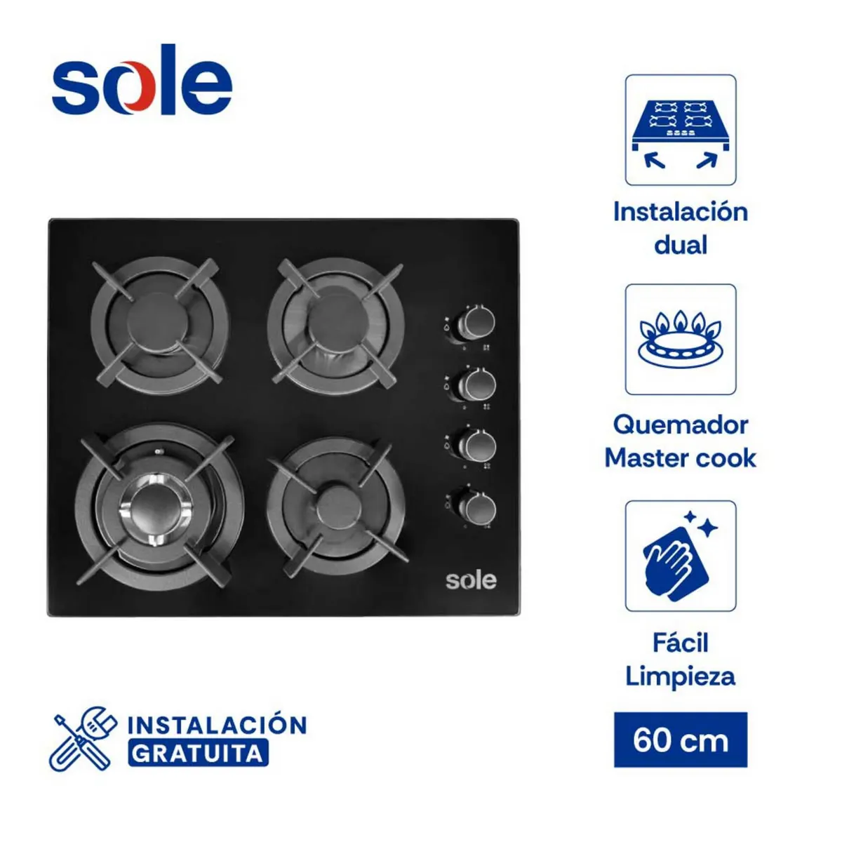 SOLE - Encimera Empotrable A Gas 4 Hornillas Sole 3120SOLCO068 Negro