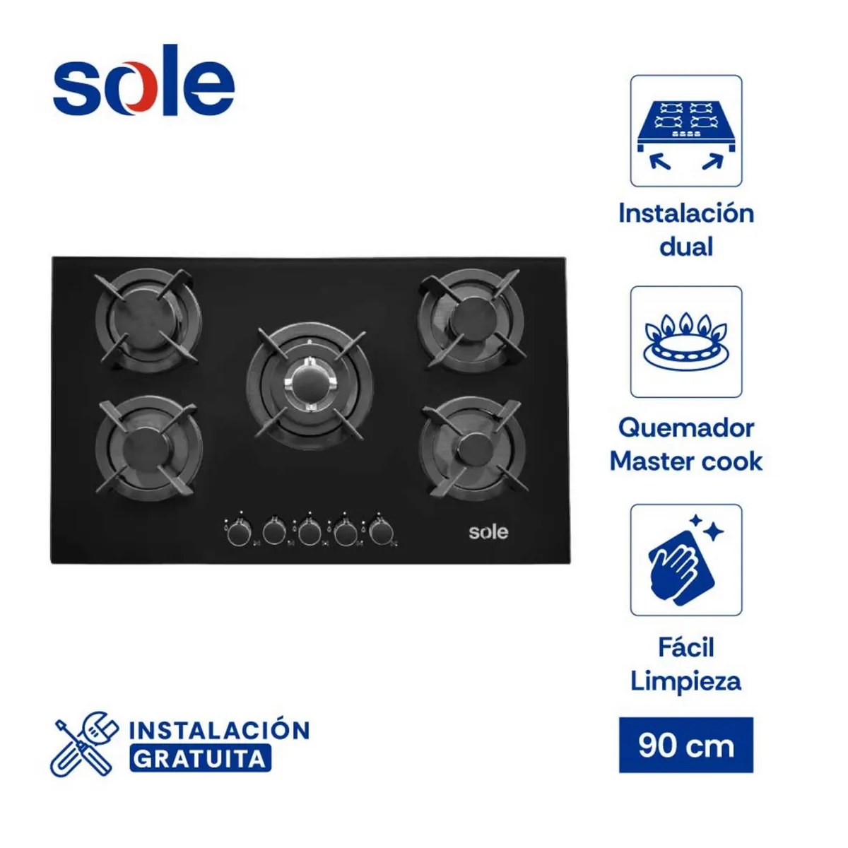 SOLE - Encimera Empotrable A Gas 5 Hornillas Sole 3120SOLCO069 Negro