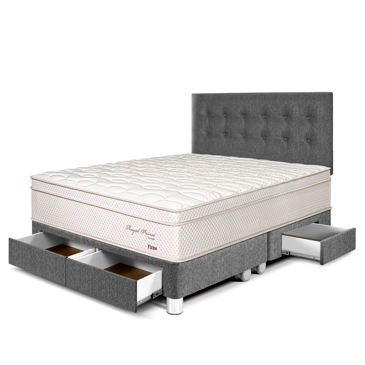 PARAISO - Dormitorio Royal Prince Firme Con Cajones Queen Gris + 2 Almohadas