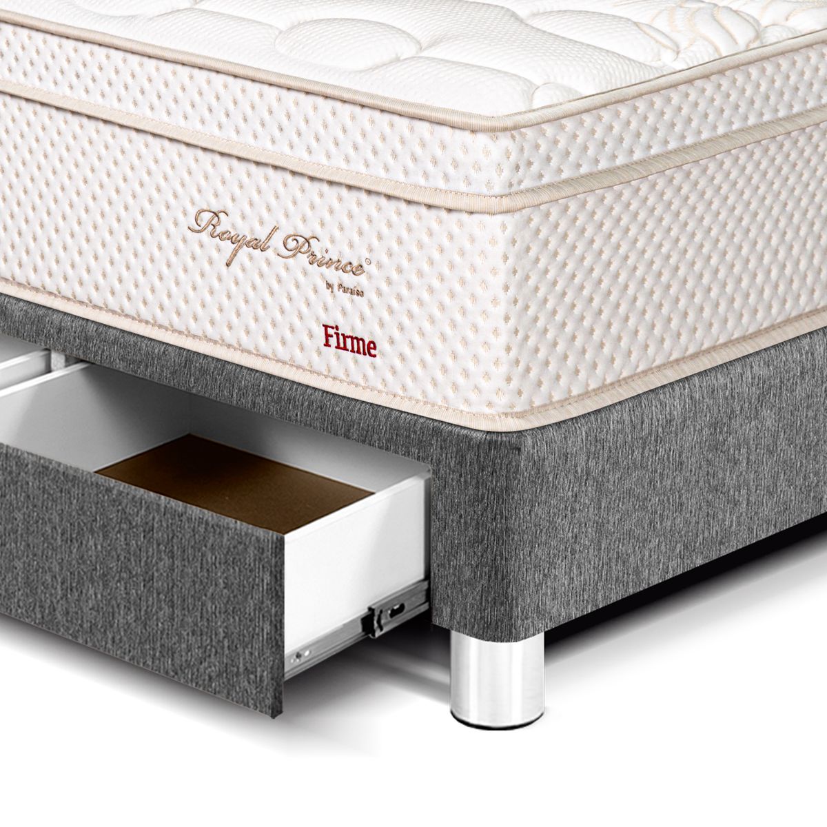 PARAISO - Dormitorio Royal Prince Firme Con Cajones Queen Gris + 2 Almohadas