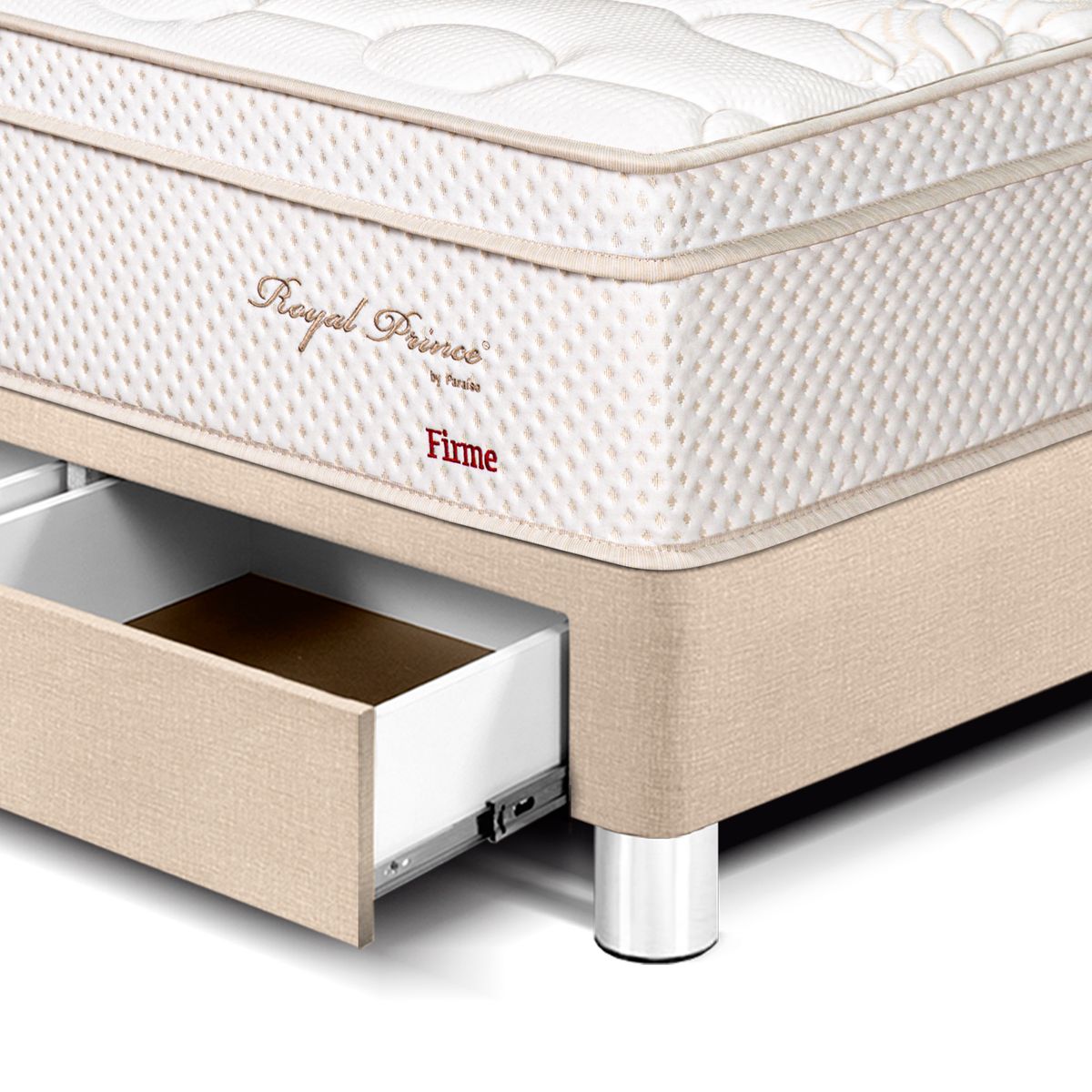 PARAISO - Cama Royal Prince Firme Con Cajones Queen Champagne + 2 Almohadas