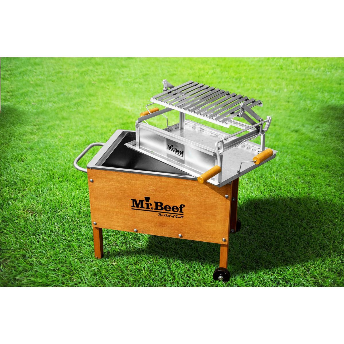 MR BEEF - Caja China de Acero Inoxidable Junior 60x40x70cm Premium Caoba + Parrilla de Levante
