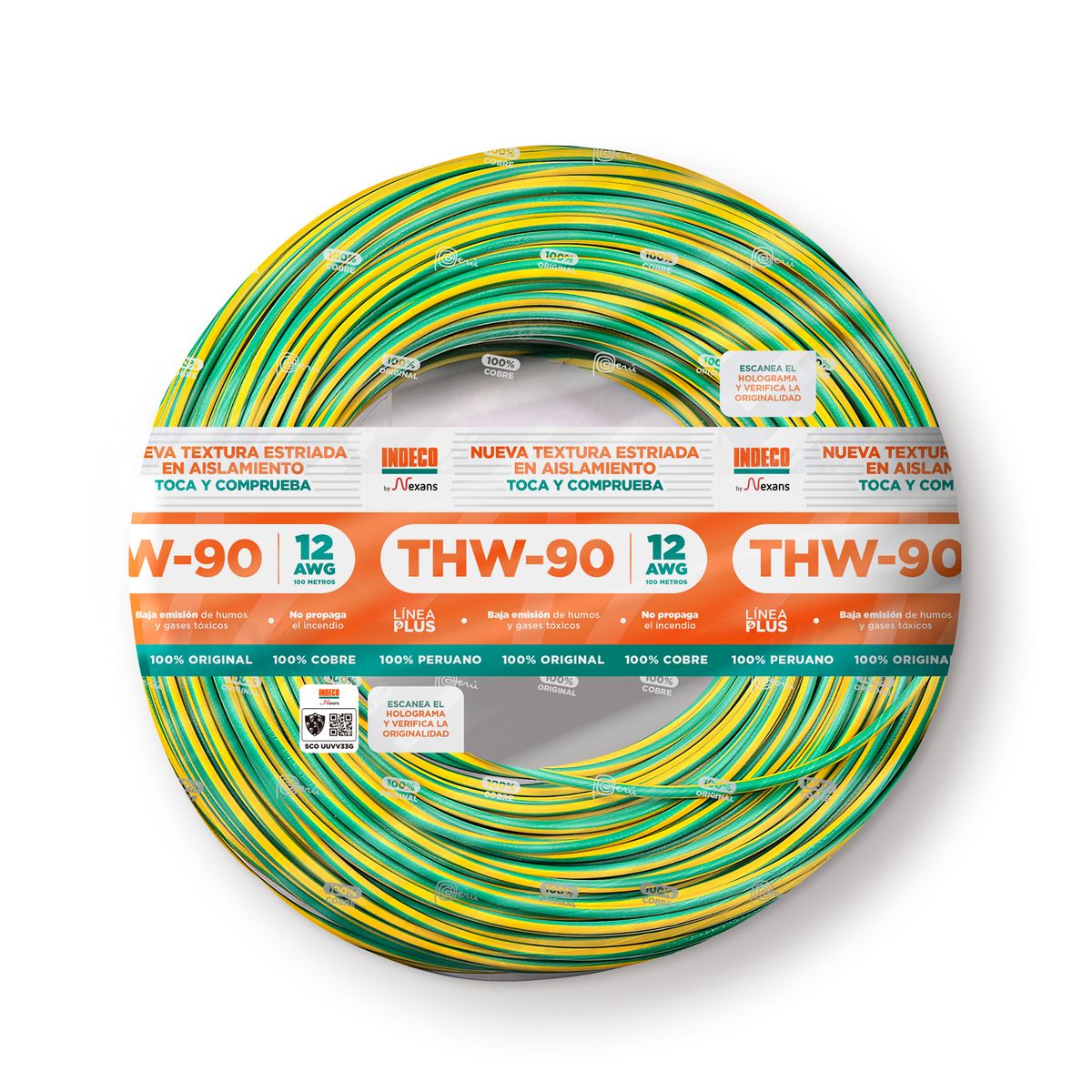 INDECO - Cable THW-90 Plus 12 AWG Indeco 450/750V Amarillo/Verde 100 Metros