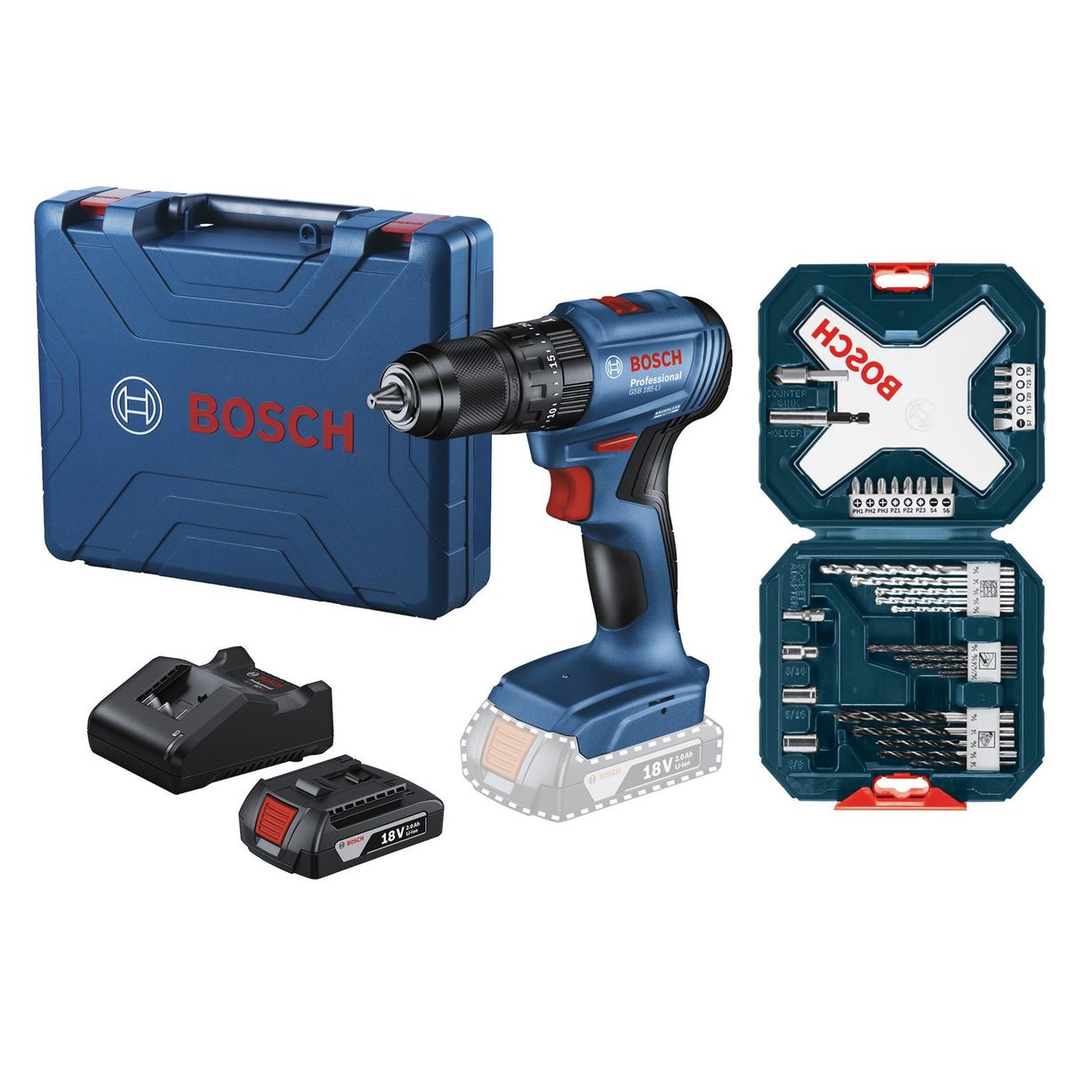 BOSCH - Taladro percutor inalámbrico 1/2" 18V Bosch GSB 185-LI + Set Puntas y Brocas Bosch X-Line 34 und.