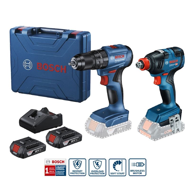 BOSCH - Taladro Percutor Inalámbrico Bosch 1/2" GSB 185-LI BRUSHLESS + Llave Impacto Bosch 18V GDX 18V-200 BRUSHLESS + 2 Baterías + 1 Cargador + Maletín Bosch